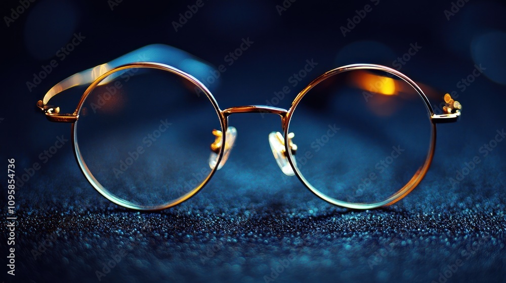 A pair of round eyeglasses resting on a textured surface with a soft glow. A pair of round eyeglasses resting on a textured surface with a soft glow.