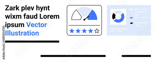 Business performance rating gauge with needle, blue stars, and partial circular graph. Ideal for analytics, customer feedback, data management, performance review, business strategy, user experience