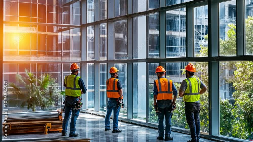 Commercial glass installation team working on a large glass facade for an office building. Commercial glass installation team working on a large glass facade for an office building.