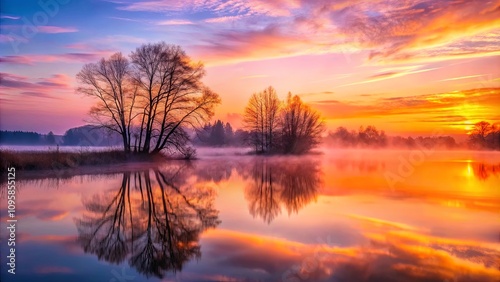 Serene sunrise over a tranquil lake reflecting colorful morning sky and silhouettes of leafless trees