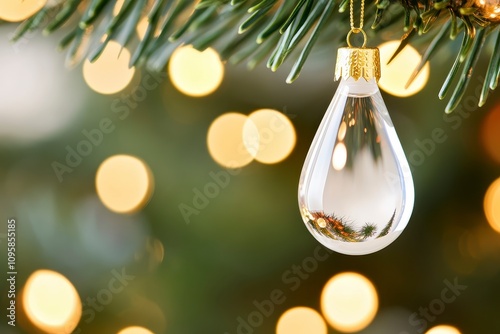 Clear glass teardrop Christmas ornament hanging on a fir tree branch with blurred lights.