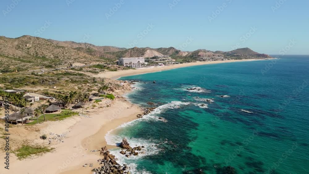 Slow drone view of a pretty beach in Cabo San Lucas Mexico near San José del Cabo Slow drone view of a pretty beach in Cabo San Lucas Mexico near San José del Cabo