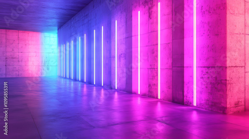 A 3D image shows a sturdy wall of concrete blocks lit by neon lights. The full, panoramic view is highly detailed and realistic.