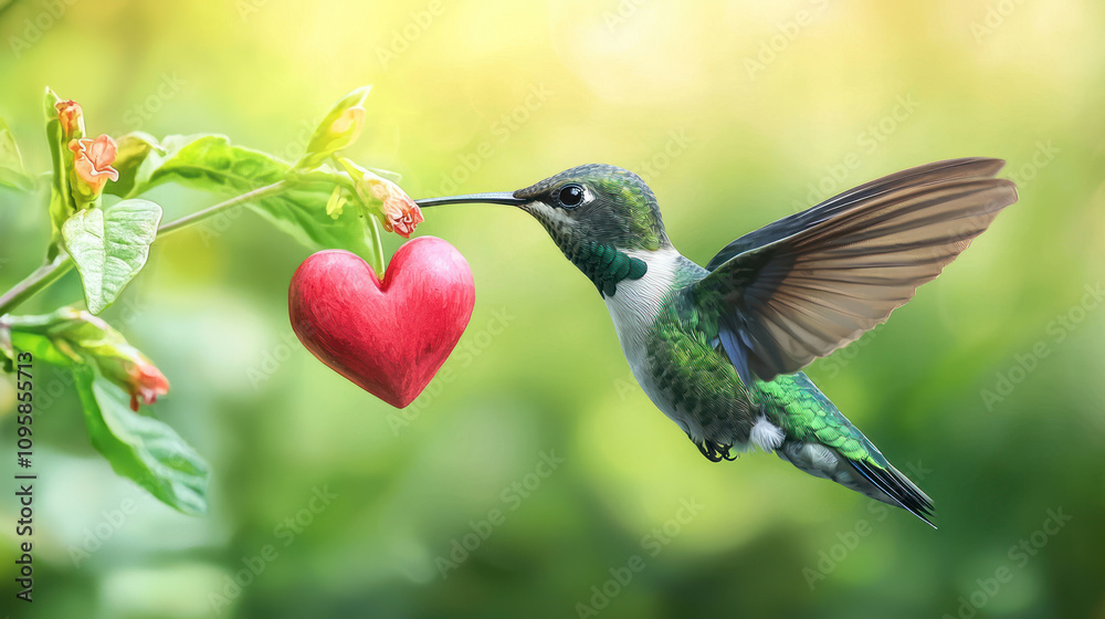 Beautiful Watercolor Painting of a Hummingbird Sipping Nectar from a Heart-Shaped Flower Surrounded by Lush Greenery and Soft Natural Light in a Vibrant Scene Beautiful Watercolor Painting of a Hummingbird Sipping Nectar from a Heart-Shaped Flower Surrounded by Lush Greenery and Soft Natural Light in a Vibrant Scene