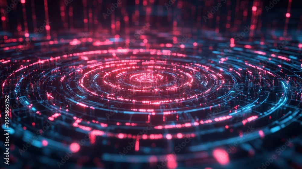 A digital representation of concentric circles with glowing points, suggesting technology and data. A digital representation of concentric circles with glowing points, suggesting technology and data.