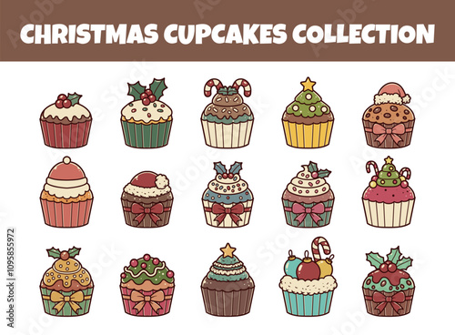 Christmas cupcakes vector illustration set