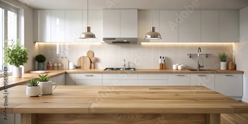 Light Wood Kitchen Island Countertop with Blurred Background