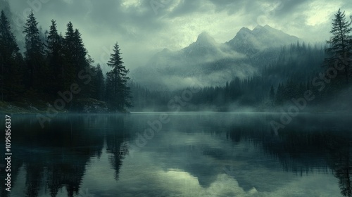 A serene lake surrounded by misty mountains and dense forest under a cloudy sky.