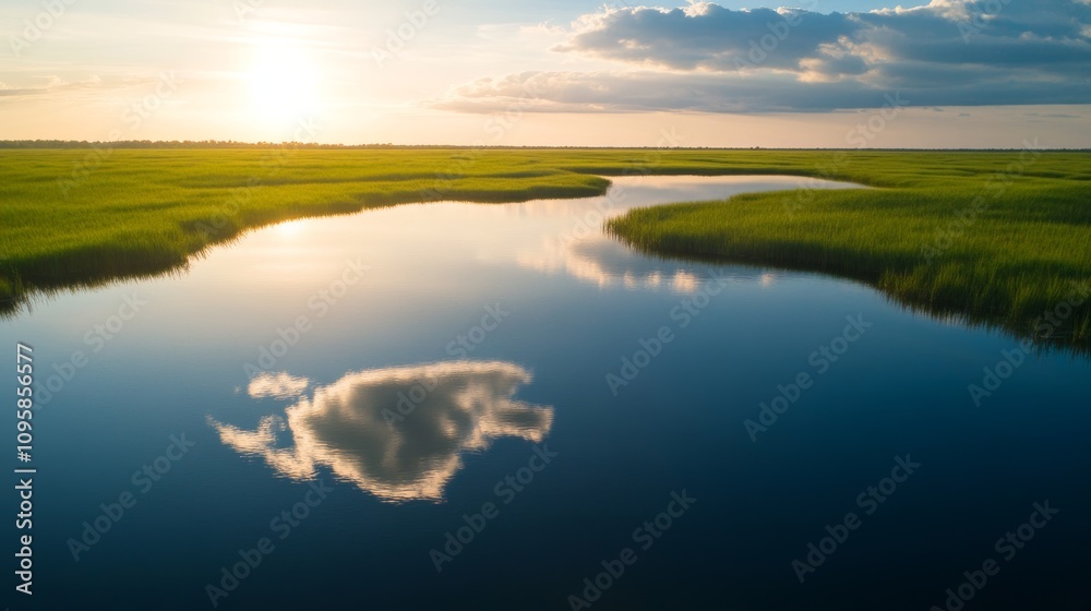 Obraz premium A serene landscape featuring a reflective river surrounded by lush greenery under a vibrant sky at sunset.