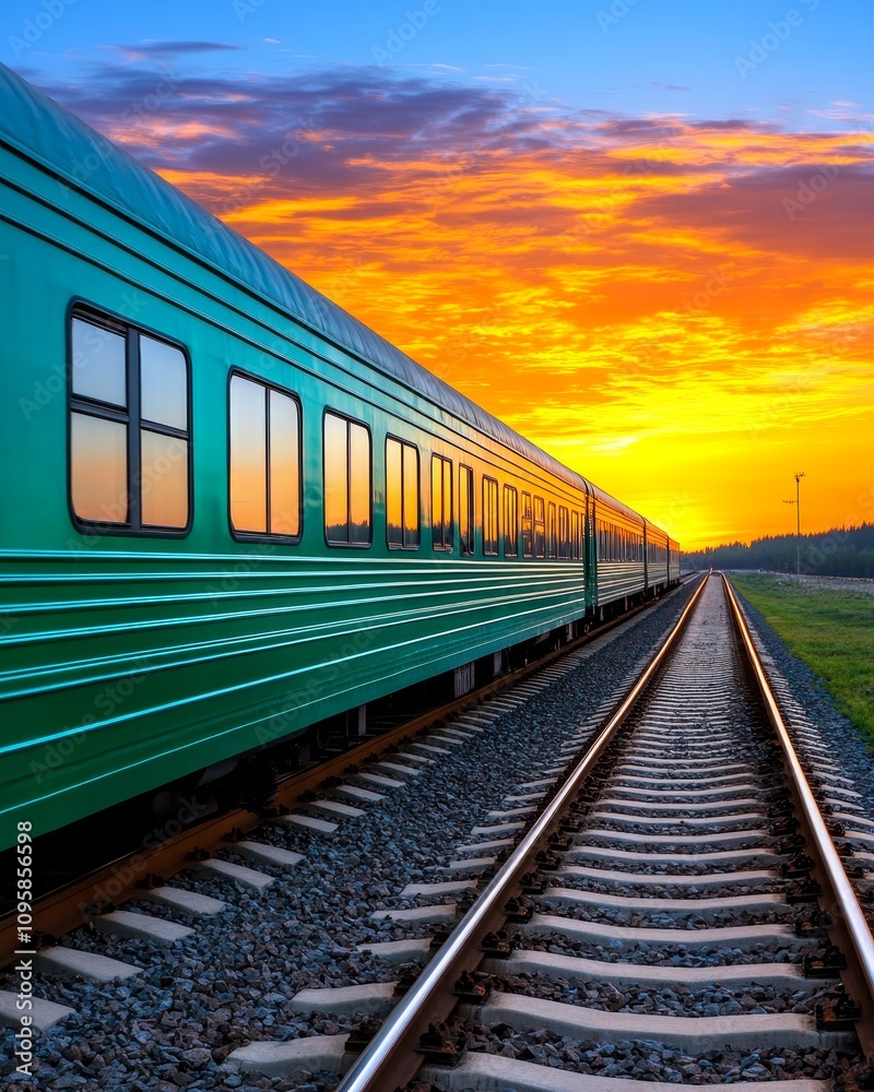 Obraz premium Scenic Sunset Train Journey Railroad Tracks Transportation Travel