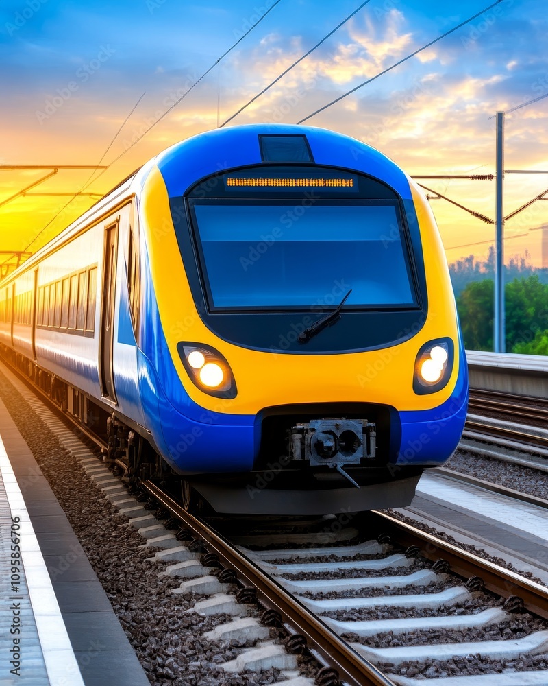 Naklejka premium Modern High Speed Train at Sunset Railway Transportation