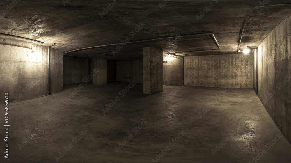 360 degree panorama view.A 3D image shows a dark, concrete basement. The picture is a complete, all-around view. 360 degree panorama view.A 3D image shows a dark, concrete basement. The picture is a complete, all-around view.