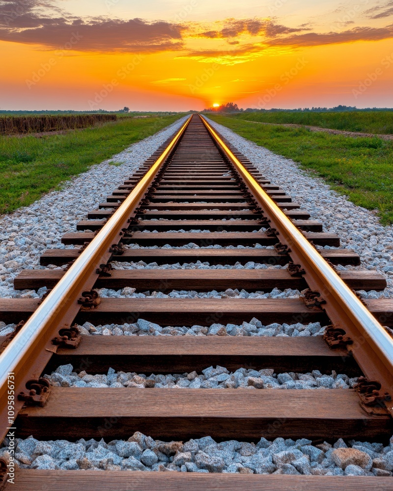 Fototapeta premium Scenic Railroad Tracks at Sunset Journey Travel Transportation