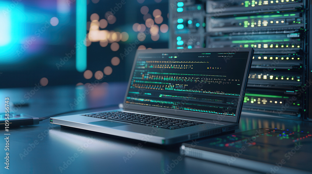 laptop displaying data analysis in modern server environment, showcasing technology and connectivity. vibrant colors create dynamic atmosphere laptop displaying data analysis in modern server environment, showcasing technology and connectivity. vibrant colors create dynamic atmosphere