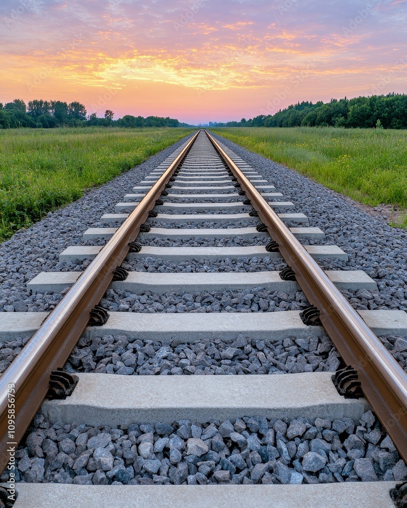 Fototapeta premium Scenic Railroad Tracks at Sunset Journey Travel Transportation Rails Landscape