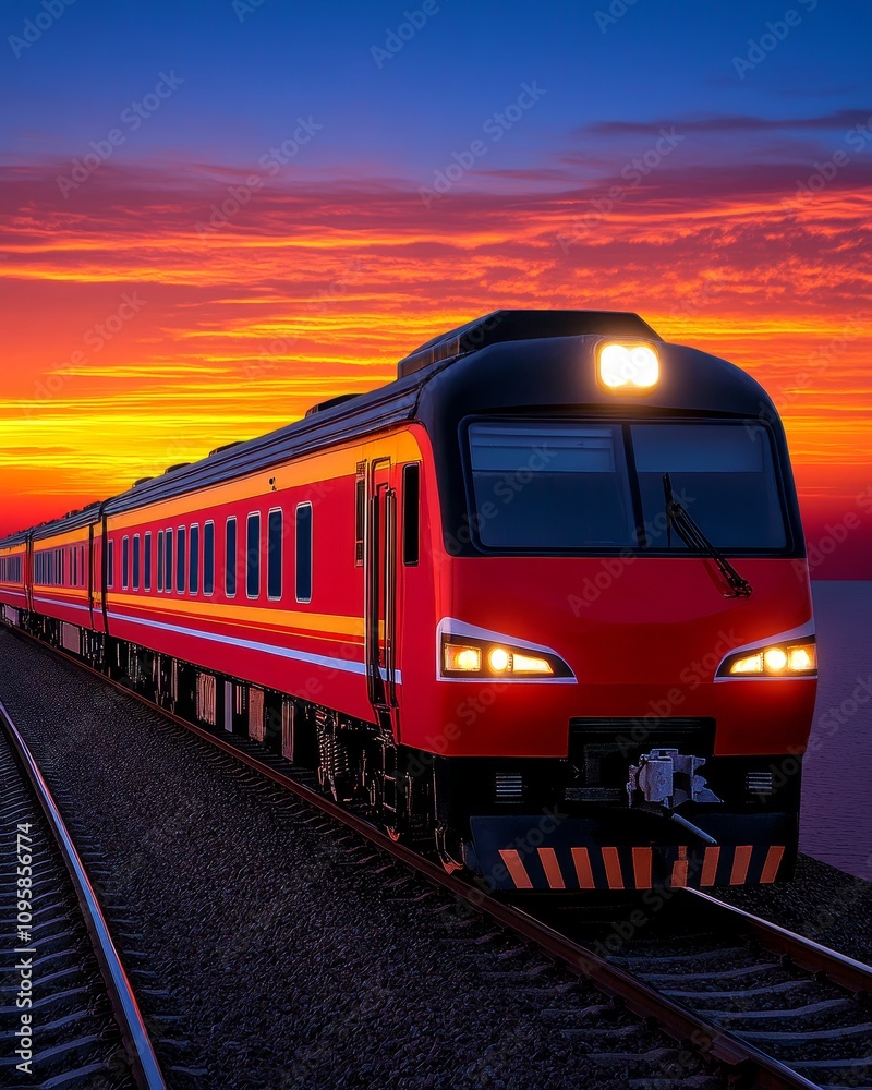 Fototapeta premium Scenic Sunset Train Journey Railroad Travel at Dusk