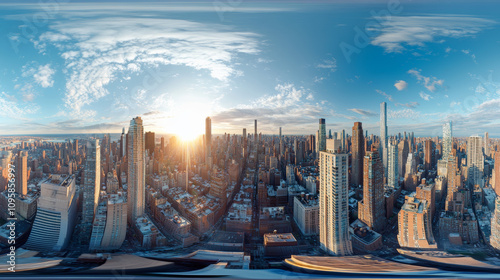 360 degree panorama view.A 3D picture shows a virtual reality (VR) view of many tall buildings in a city.