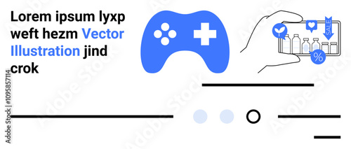 Gaming controller, smartphone, interactive icons, blue and black color scheme, floating lines and circles. Ideal for technology, gaming industry, ecommerce, digital interactions, user experience