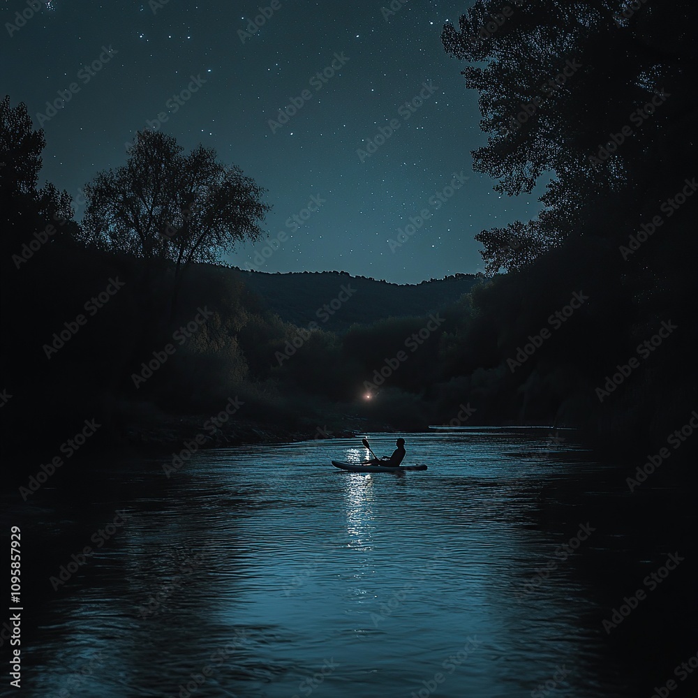 Fototapeta premium A lone couple paddle a canoe under a starry night sky, illuminated by a lantern.
