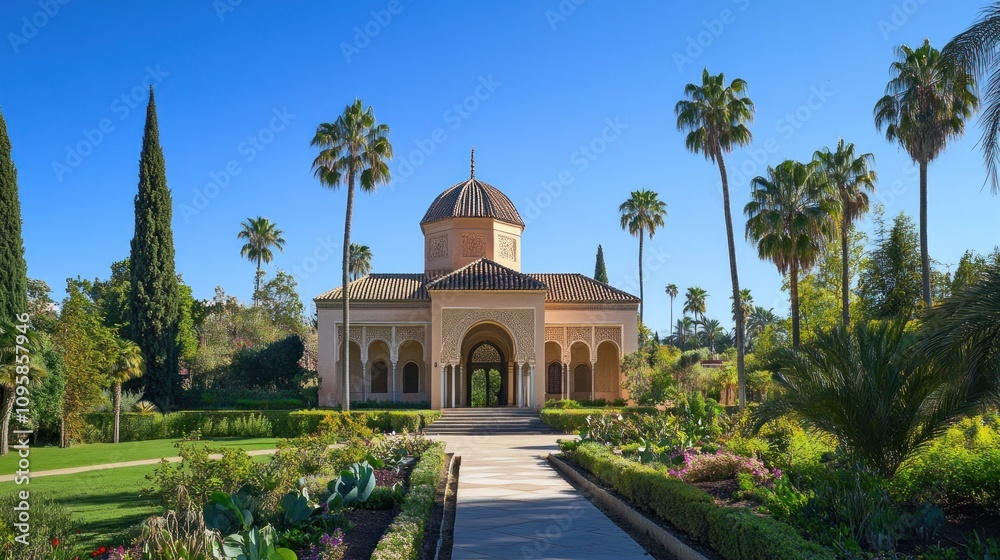 Fototapeta premium Serene mosque surrounded by gardens, palm trees swaying, clear blue sky above