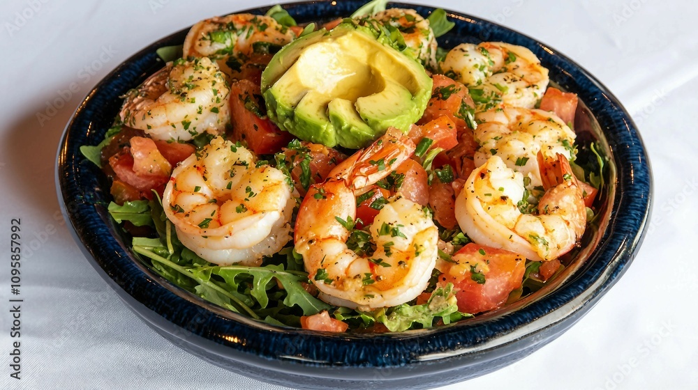 Fresh Shrimp Salad with Avocado and Tomato on a Bed of Greens Served in a Blue Ceramic Bowl on a Tablecloth — Perfect for Summer Dining and Healthy Eating Fresh Shrimp Salad with Avocado and Tomato on a Bed of Greens Served in a Blue Ceramic Bowl on a Tablecloth — Perfect for Summer Dining and Healthy Eating
