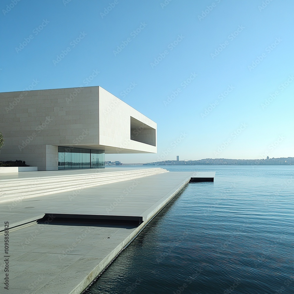 Obraz premium Modern architecture building by the water with a blue sky.