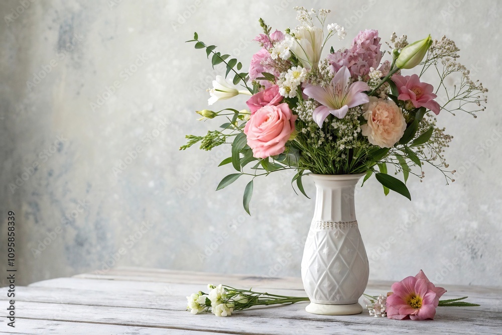 Elegant and refined still life of a single delicate vase filled with fresh flowers, flower, refined, understated beauty, elegant Elegant and refined still life of a single delicate vase filled with fresh flowers, flower, refined, understated beauty, elegant