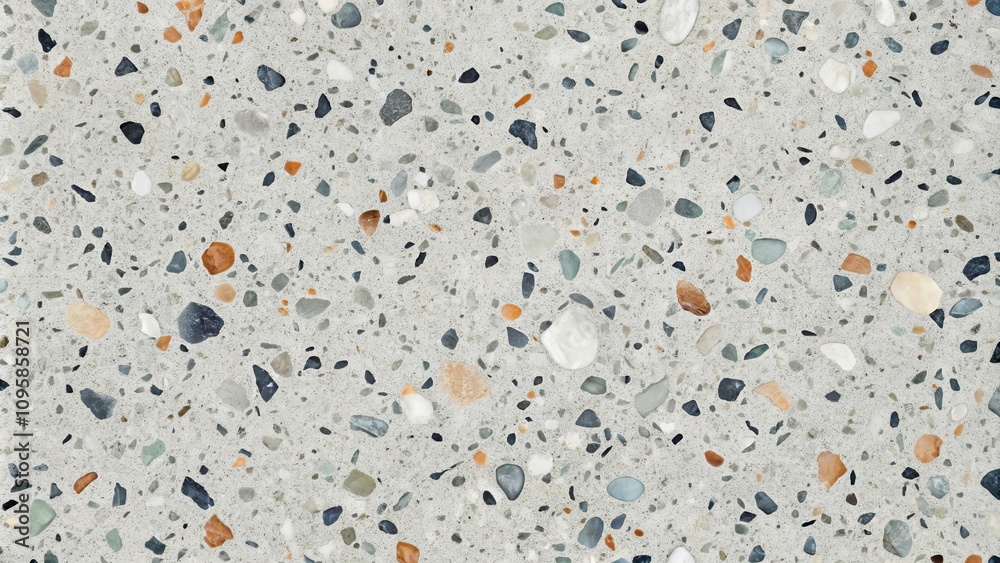 Terrazzo Surface A Detailed Close-Up of Multicolored Stone Inclusions in a Light Gray Cement Base Terrazzo Surface A Detailed Close-Up of Multicolored Stone Inclusions in a Light Gray Cement Base