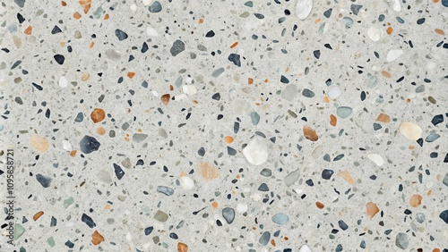 Terrazzo Surface  A Detailed Close-Up of Multicolored Stone Inclusions in a Light Gray Cement Base photo