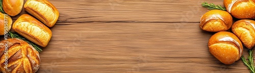 Wallpaper Mural Delicious breakfast spread of fresh-baked goods with golden crusts, wooden background enhancing warmth, rustic bakery, gourmet bread Torontodigital.ca