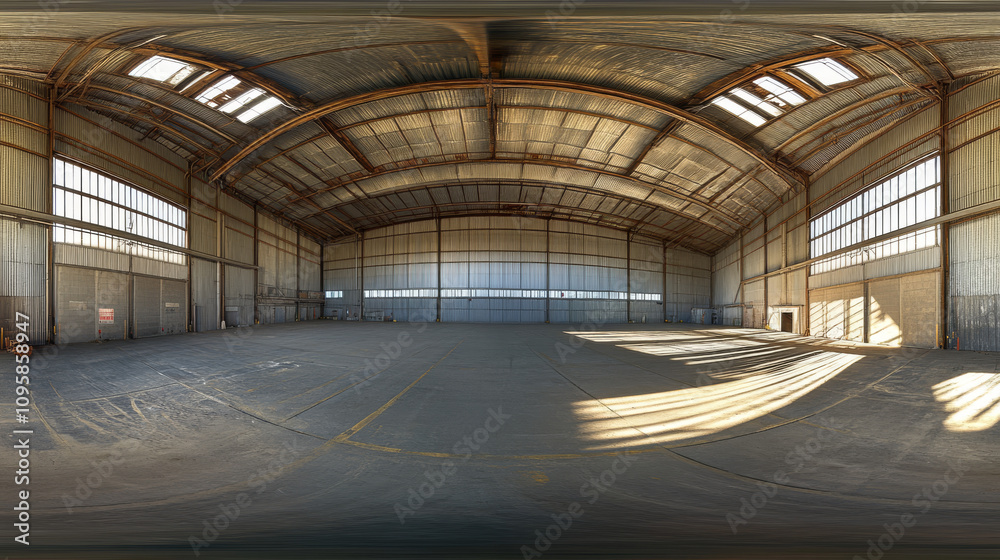360 degree panorama view.A 3D image shows the inside of a metal warehouse. It's a high-resolution, panoramic view suitable for virtual reality. 360 degree panorama view.A 3D image shows the inside of a metal warehouse. It's a high-resolution, panoramic view suitable for virtual reality.