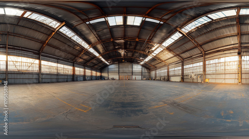 360 degree panorama view.A 3D image shows the inside of a metal warehouse. It's a high-resolution, panoramic view suitable for virtual reality.