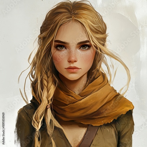 A portrait of a beautiful young woman with blonde hair, wearing a brown scarf, looking directly at the camera. photo