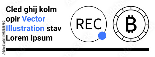 Circular REC text with a blue dot, Bitcoin symbol in a coin outline, placeholder text. Ideal for technology, cryptocurrency, digital currency, finance, recording, minimalist design, modern art