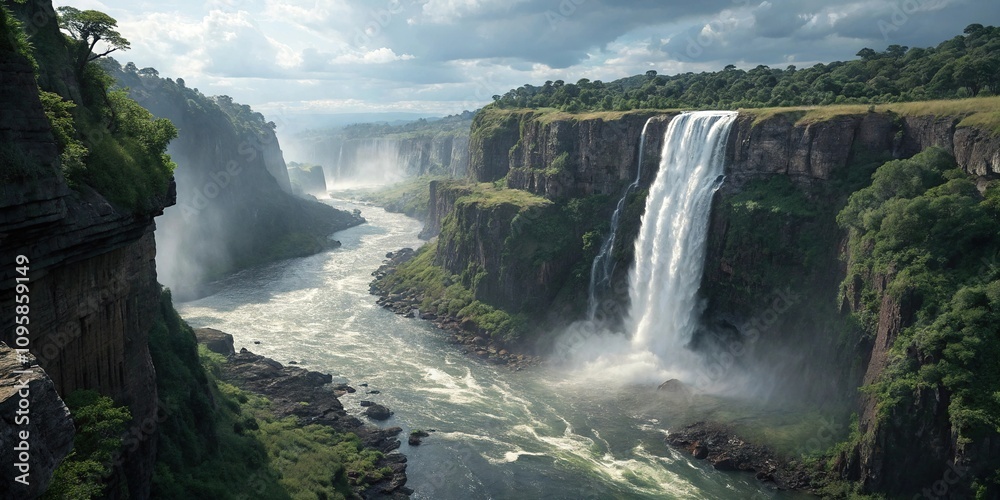 Dramatic river cascade into deep gorge, landscape, wilderness, canyon, environmental