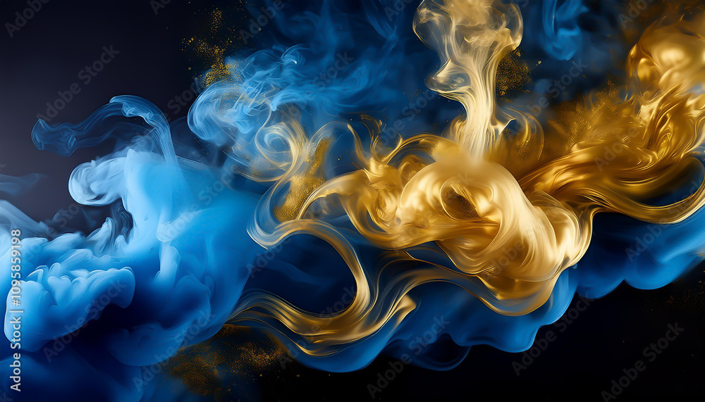 Fototapeta premium Mystical Blue and Gold Smoke on Black Background,Elegant Blue-Gold Smoke Swirls for Artistic Backgrounds, Vibrant Blue and Gold Smoke Effects for Creative Designs