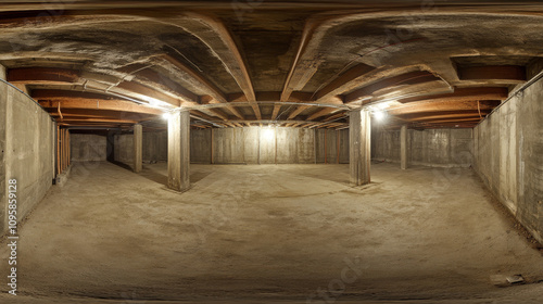 360 degree panorama view.A 3D image shows an empty, concrete basement.  The ceiling is open, and you can see everything around in a full 360-degree view.