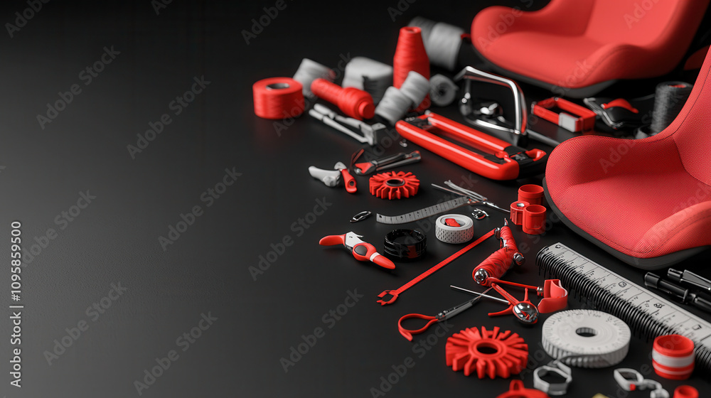 Red tools and equipment arranged with red car seats on black background, showcasing minimalist design. composition highlights various tools, emphasizing modern aesthetic Red tools and equipment arranged with red car seats on black background, showcasing minimalist design. composition highlights various tools, emphasizing modern aesthetic
