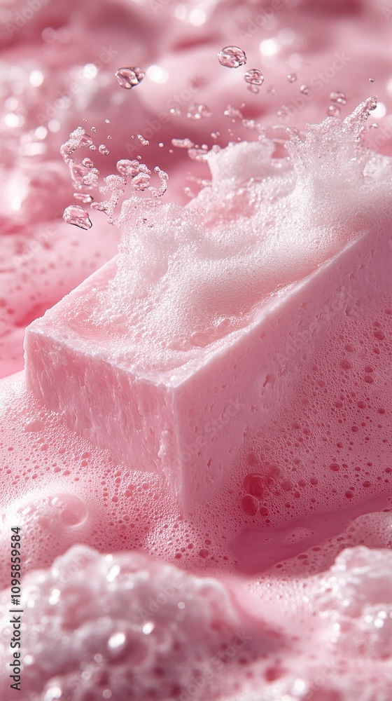Pink soap bar in a bath of bubbles. Pink soap bar in a bath of bubbles.