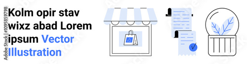 Shopping bag in store window, receipts with checkmark, and potted plant. Ideal for e-commerce, storefronts, financial management, online receipts, decorating themes, modern business, digital