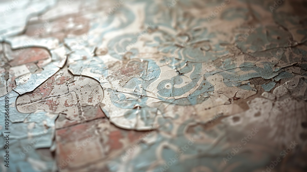 A macro photograph of detailed, patterned wallpaper with signs of wear and fading. A macro photograph of detailed, patterned wallpaper with signs of wear and fading.