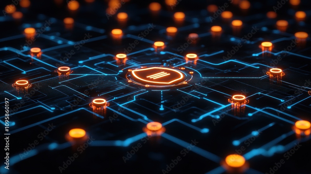 A digital network with glowing nodes and a central icon, symbolizing cybersecurity and data flow. A digital network with glowing nodes and a central icon, symbolizing cybersecurity and data flow.