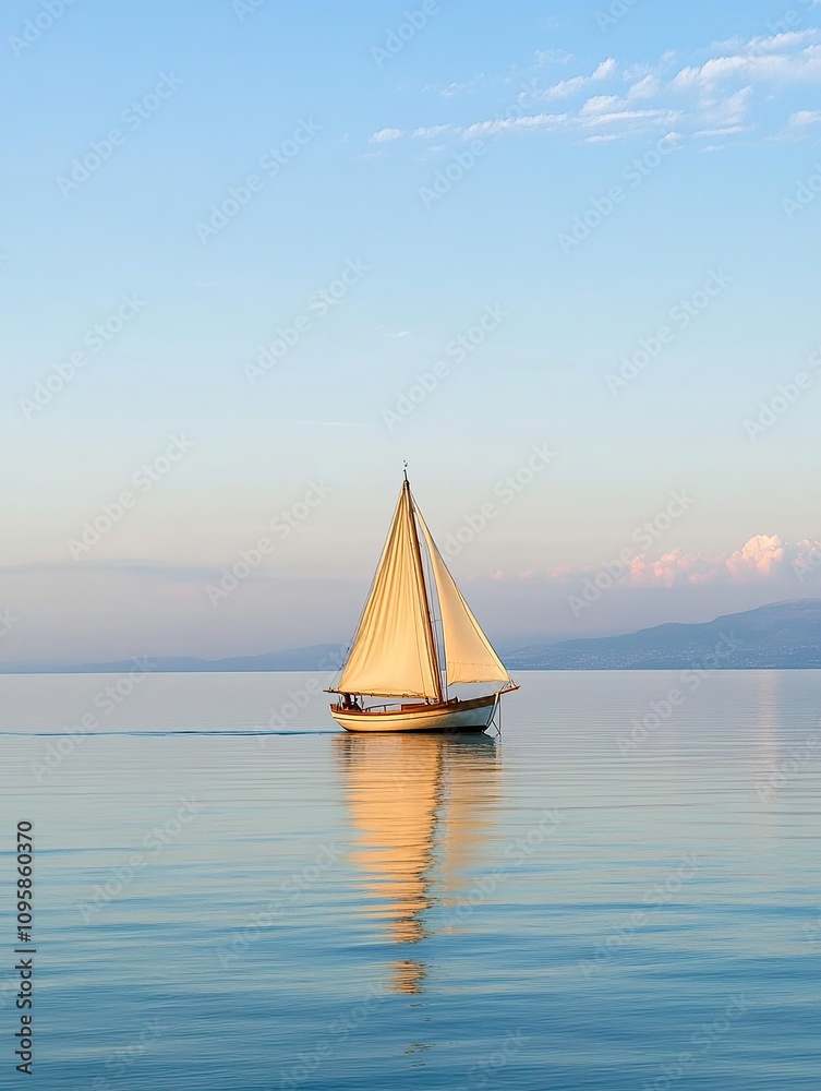 Obraz premium A small sailboat sails on a calm lake at sunset.