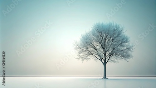 Serene Winter Landscape A Single, Frost-Covered Tree Stands Alone on a Flat, Reflective Surface Under a Pale Sky