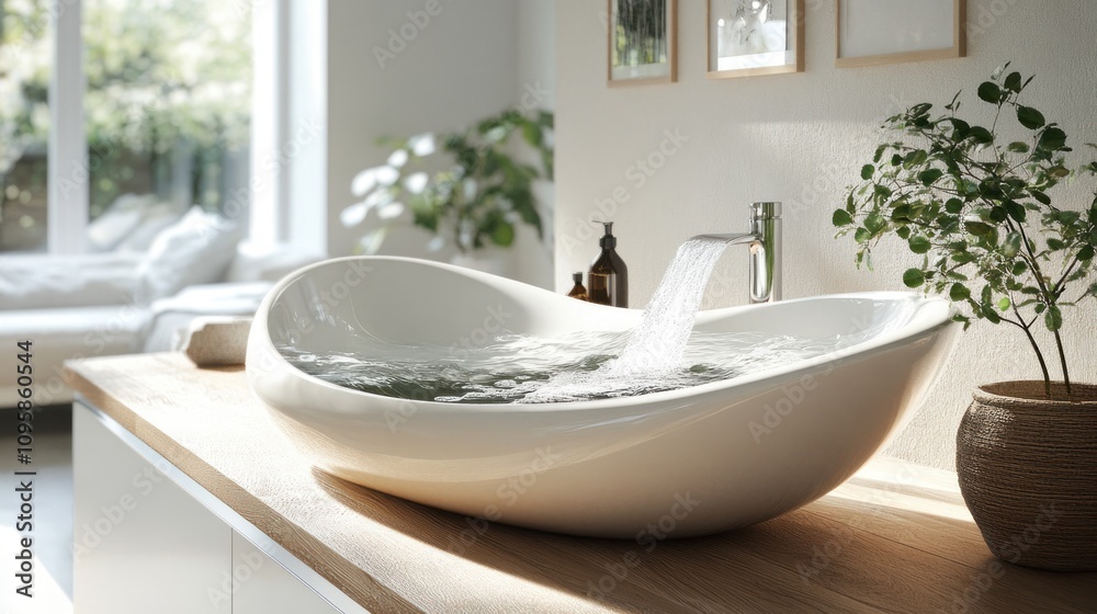 Modern bathroom with a stylish sink and flowing water, creating a serene atmosphere. Modern bathroom with a stylish sink and flowing water, creating a serene atmosphere.