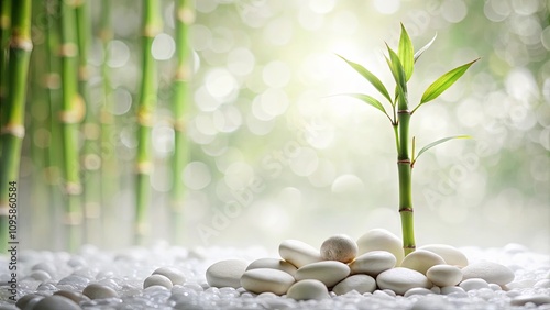 Serene Bamboo Shoot Emerging Amidst Smooth White Stones and a Misty Bamboo Grove