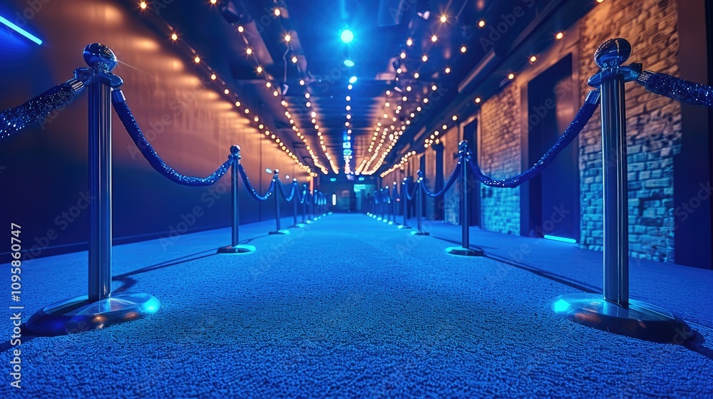 Fototapeta premium A blue carpet film premiere, and lights in the background, , Golden Stanchions, Spotlight, blue tone.