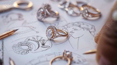 A close up of a jewellers sketches and designs for a bespoke ring