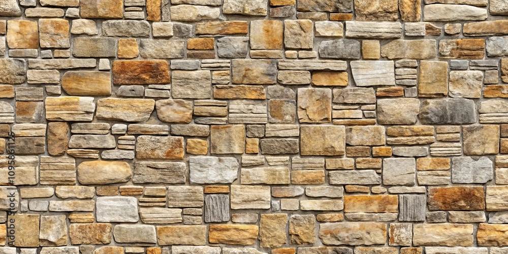 Fototapeta premium Rustic Stone Wall Texture A Seamless Pattern of Varied Beige, Brown, and Gray Stones for Architectural Design