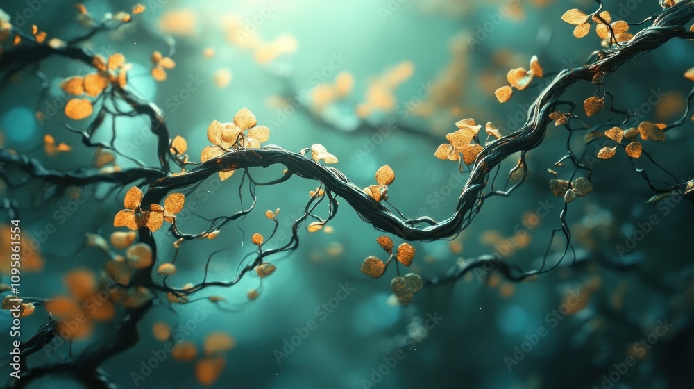 A serene scene of intertwined branches with glowing leaves in a mystical forest. A serene scene of intertwined branches with glowing leaves in a mystical forest.